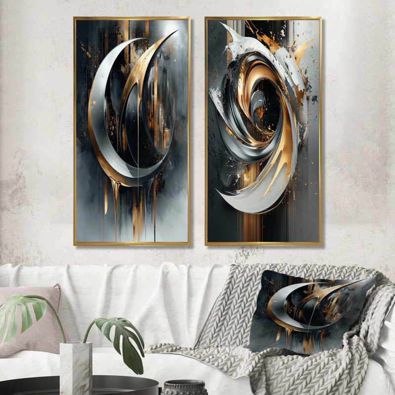 Ensemble de 2 formes abstraites noires et dorées, formes abstraites III, Cadre flottant doré, H 40 po x l 40 po