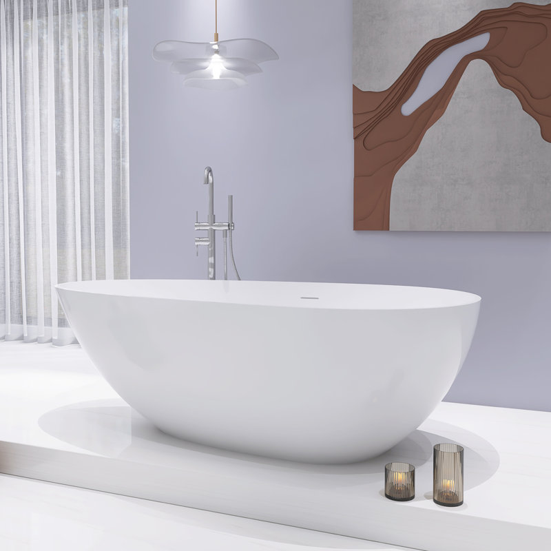 59" Freestanding Solid Surface Soaking Bathtub With Overflow And Pop-Up Drain, Glossy White