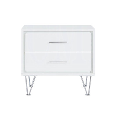 Metal Legs 2 Nightstand In White Look - Rectangular Bedroom Table 2 Drawers With Legs, Design