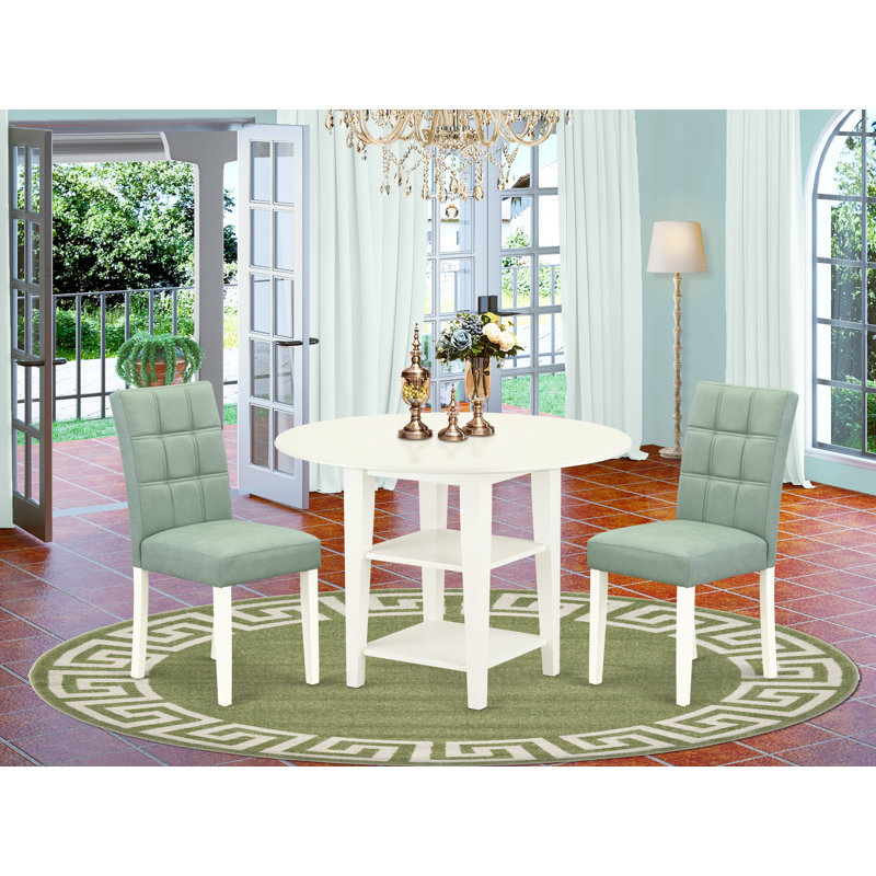 3-Piece Linen White Finish Round Solid Wood Top Dining Table Set, Green