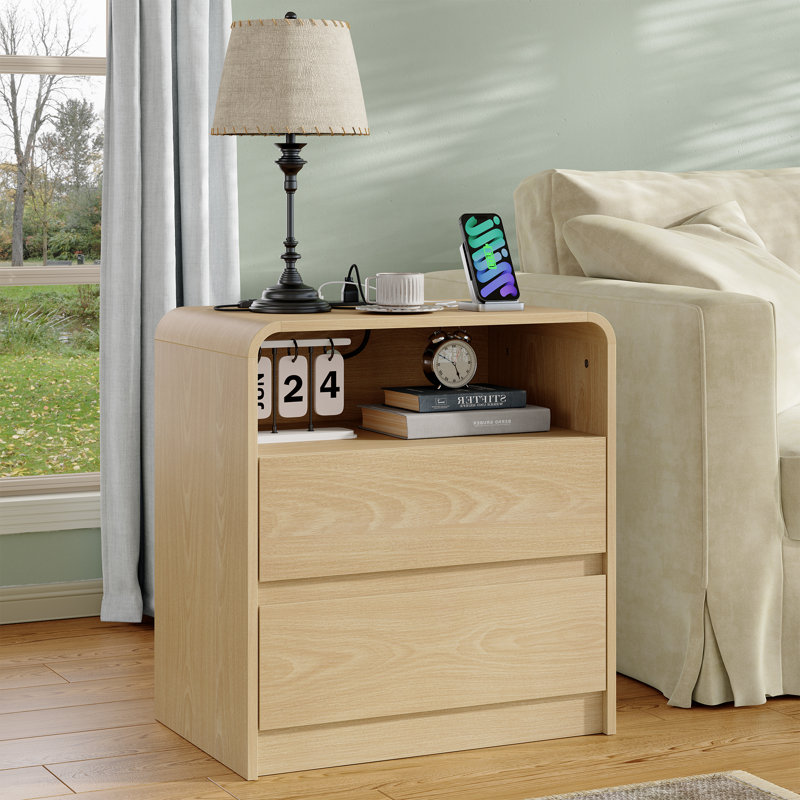 Nola Modern Nightstand with Charging Station and Open Shelf & 2 Drawers,Curved Edges, End Table for Bedroom,living Room