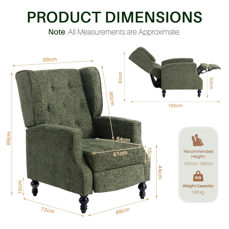 Manual Reclining Upholstered Wingback Armchair, Green