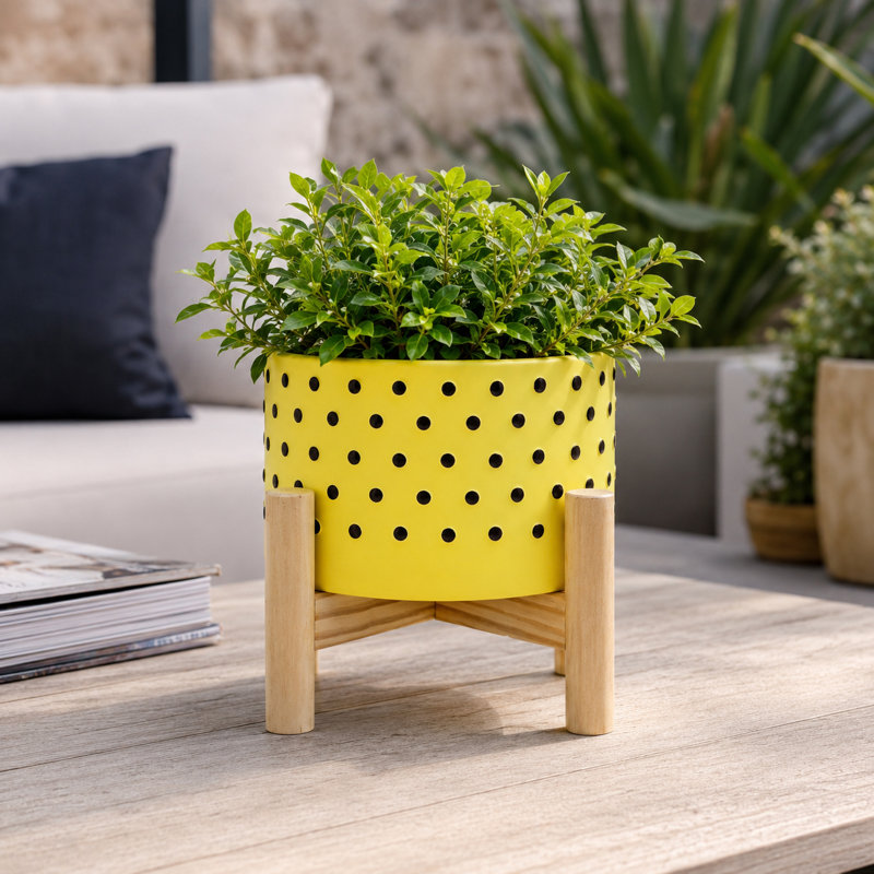 Ensemble de 3 pots en grès cérame avec supports en bois, H 4 po x l 6 po x P 6 po, Jaune