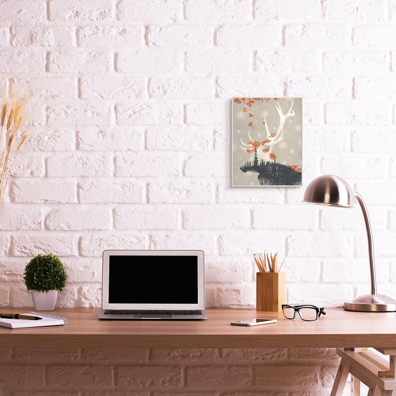«Tree Forest Elk Silhouette Orange Florals» par Ziwei Li - impression d'art graphique, Plaque murale