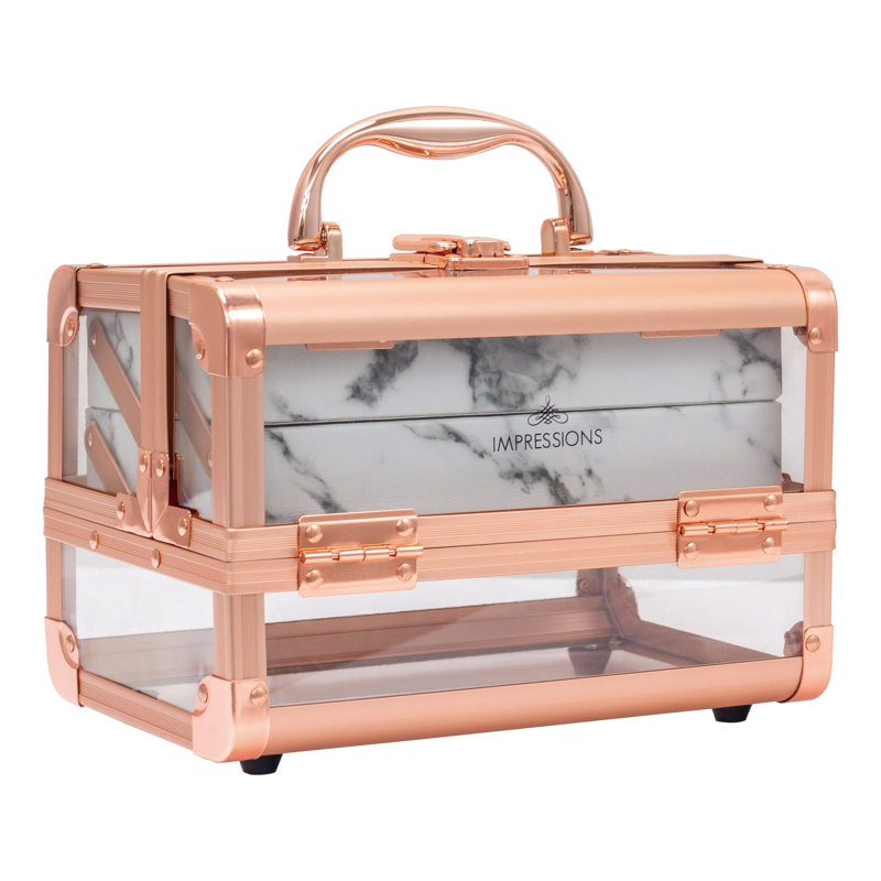 Savvy Lux Makeup Travel Case with Crystal Clear Panels Portable Train Case with Flip Top Mirror, Gold