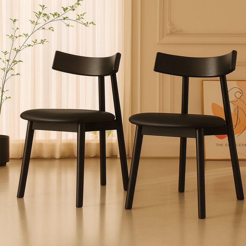 Noir Faux Leather & Solid Wood Modern Curve Back Dining Chair 2pc Set, Black, Black