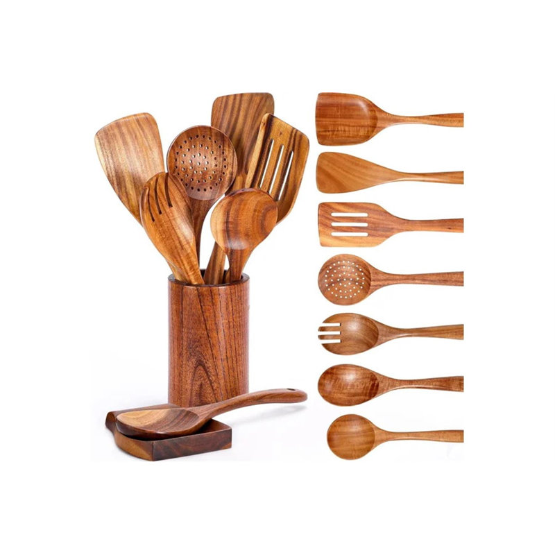 9 ustensiles de cuisine en bois de teck naturel 9 pièces