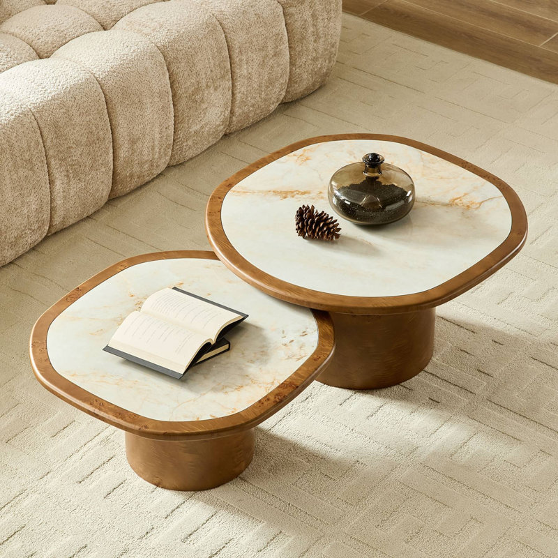 2PCS Irregular MDF Coffee Table Set, Beige/Walnut