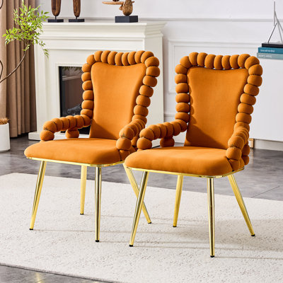 Ensemble de 2 chaises de salle à manger en velours orange avec pieds dorés, chaises d'appoint rembourrées avec accoudoirs pour la salle à manger et la cuisine