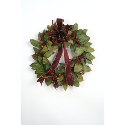 Magnolia Leaf Wreath with Crimson Berries and Ribbon