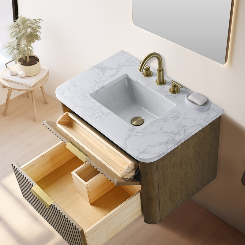 Ensemble de meuble-lavabo simple 30 po avec dessus en pierre reconstituée Liljan, Chêne vieilli / bronze brossé