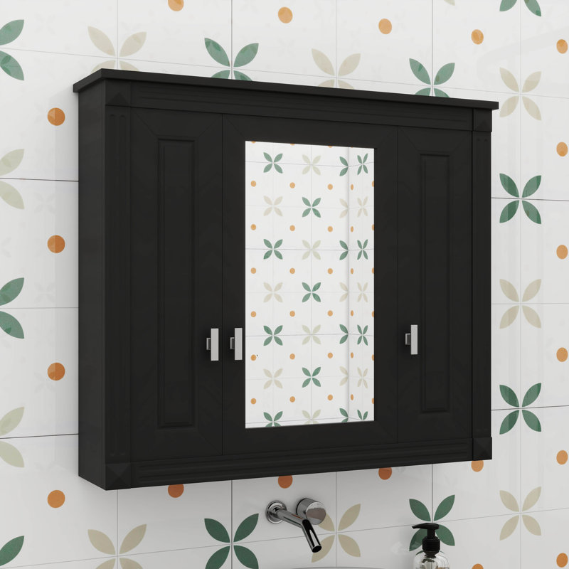 Armoire de salle de bain murale avec miroir, armoire à pharmacie avec quatre tablettes réglables, Noir