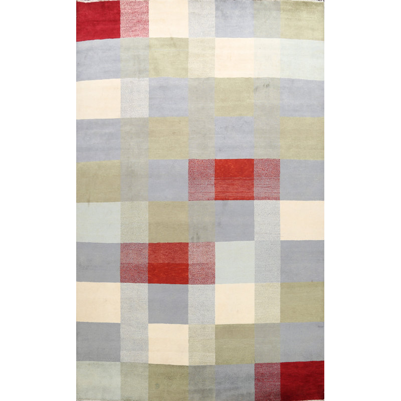 Tapis décoratif en laine de conception unique 7 pi 9 po x 10 pi 3 po noué à la main New Age en gris et rouge