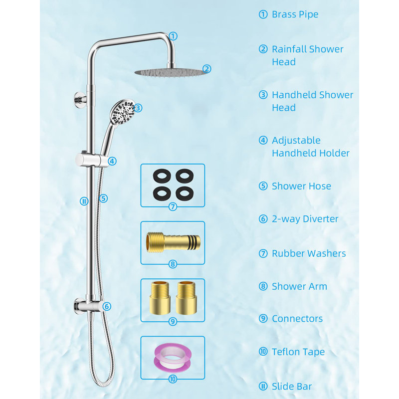 Chrome Adjustable Height Rainfall Shower System with Handheld
