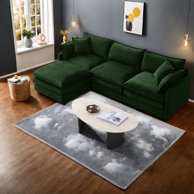 Spacious Modular Sofas, Chenille Upholstered Modern Home Furniture, Green L-shape Couch