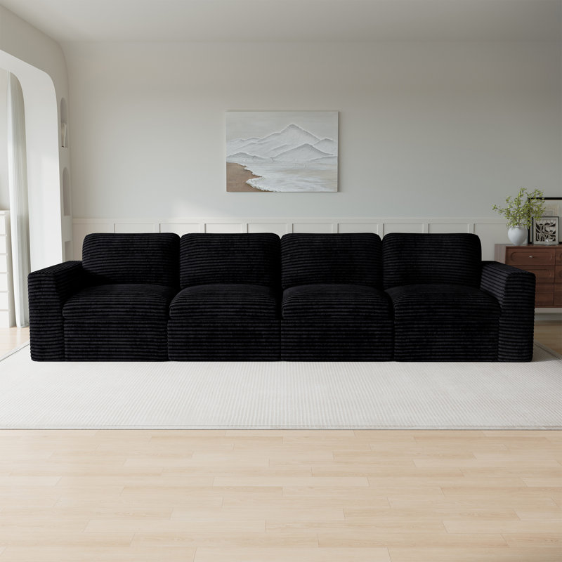 Wide Corduroy Sponge Compression Sofa Modular 4-Seater Cloud Boneless Sofa With No Assembly Required, Black
