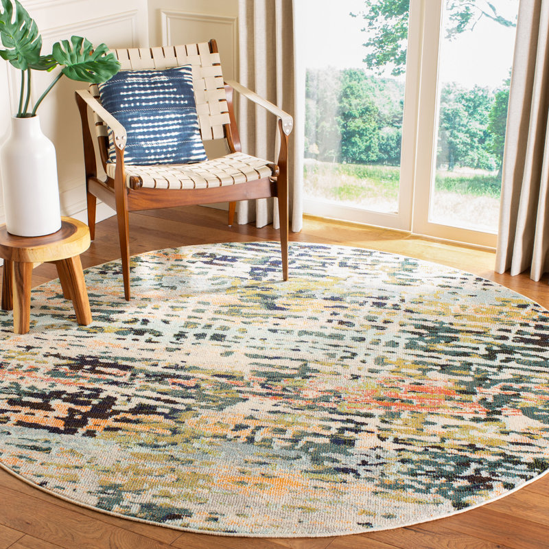 Felty Abstract Beige/Navy Area Rug, Round 6'7"