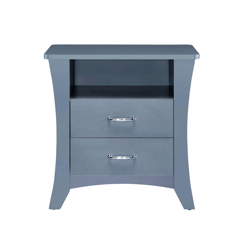 Table de chevet grise avec 2 tiroirs et compartiment ouvert pour le rangement de la chambre à coucher