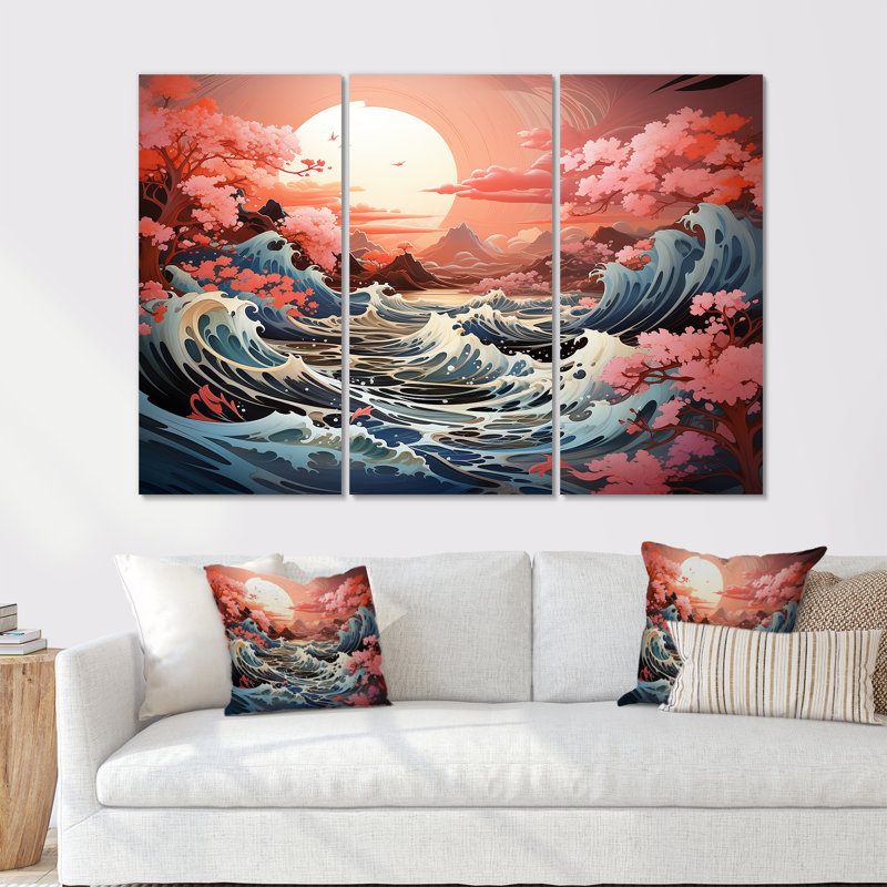 Paysage de tempête océan japonais II - ensemble de décorations murales tempêtes, Toile tendue, H 28 po x l 36 po x P 1 po