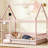 Pink Full Size House Floor Wooden Bed with Roof Frame, Safety Guardrails, Rubber Wood Montessori Floor Bed for Kids, No Box Spring Needed, Toddler Floor Bed, Kids House Bed-706281042