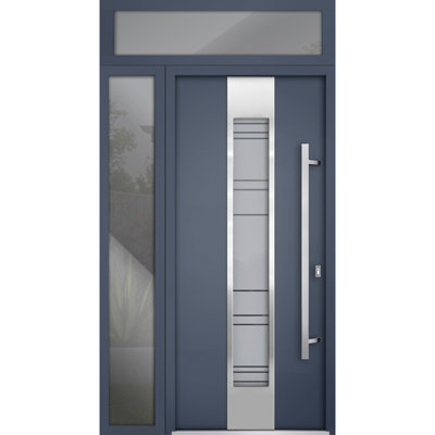 Porte avant en acier pré-suspendue à l'avant / deux graphite gris 0757 / fenêtre extérieure latérale et supérieure / inserts en acier inoxydable peints simples modernes - l 36 po x H 80 po + 16 po - Gauche