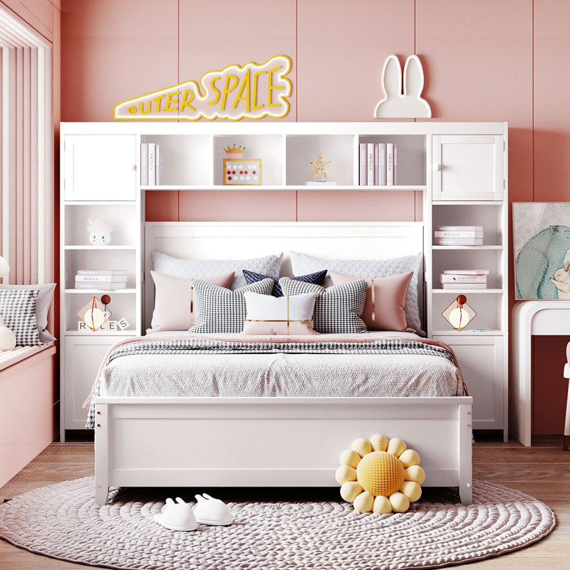Wooden Bed With All-in-One Cabinet, Shelf and Sockets, Full, White