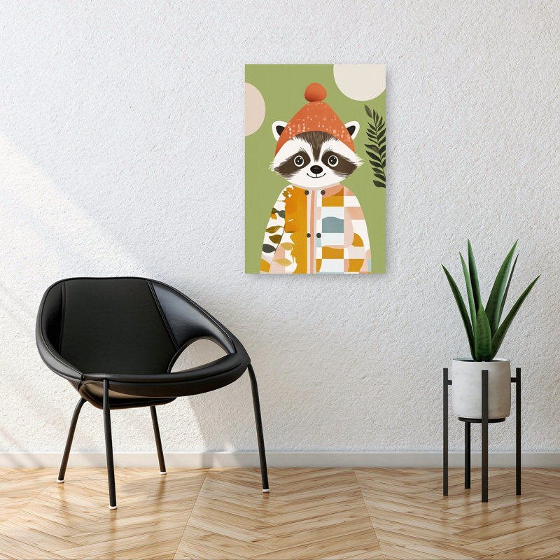 Cozy Raccoon Portrait Playful Whimsical Abstract Animal Autumn Wall Art Print by Mathieu - Wrapped Canvas Print