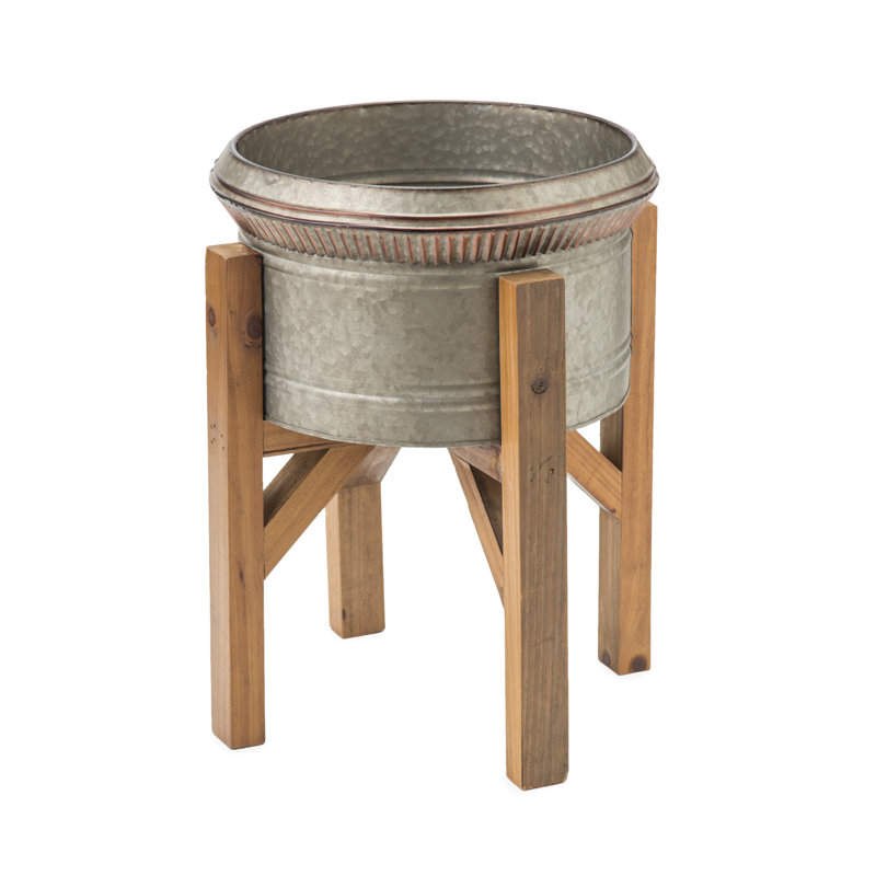 Set of 3 Galvanized Metal Planters with Wooden Stands
