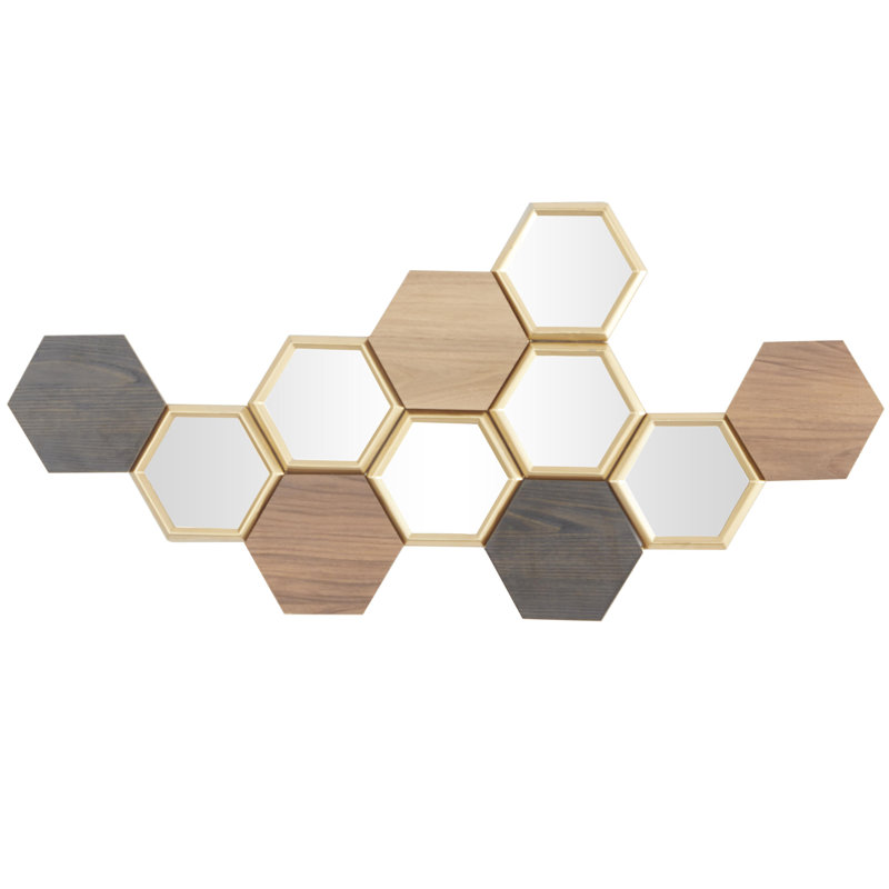 Wood Honeycomb Geometric Brown Wall Decor with Mirrors