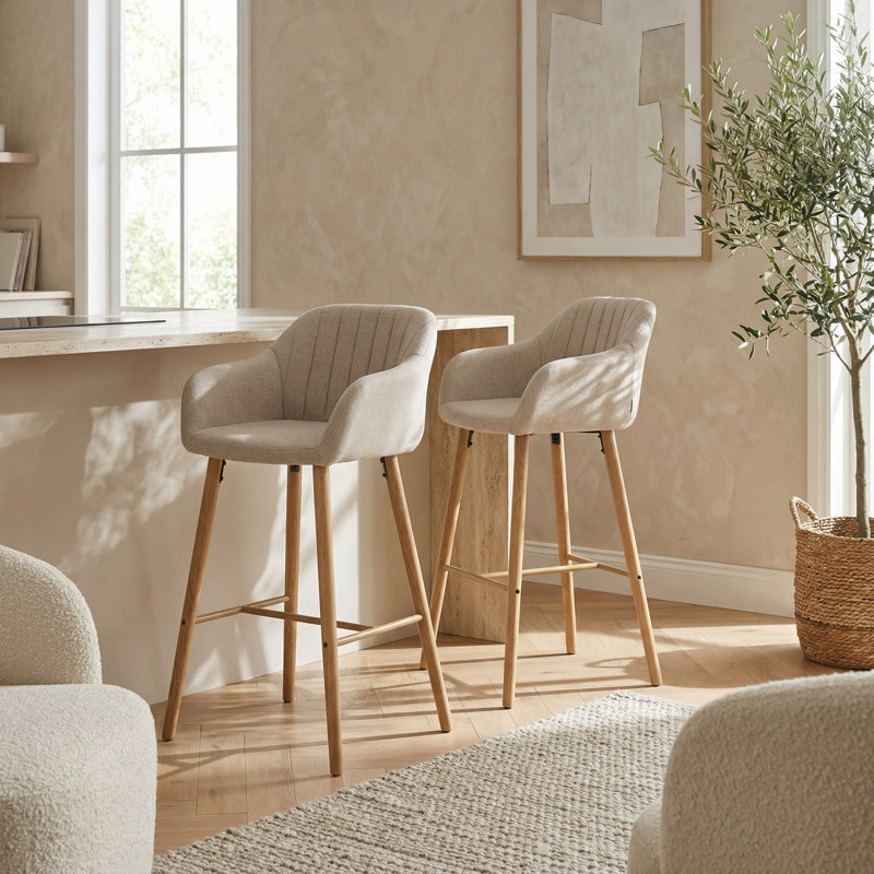 Modern Set of 2 Upholstered Bar Stools with Curved Backrest, Armrests, and Footrest for Kitchen Islands and Counter Height Dining, Featuring Solid Wood Legs and Durable Fabric Seating