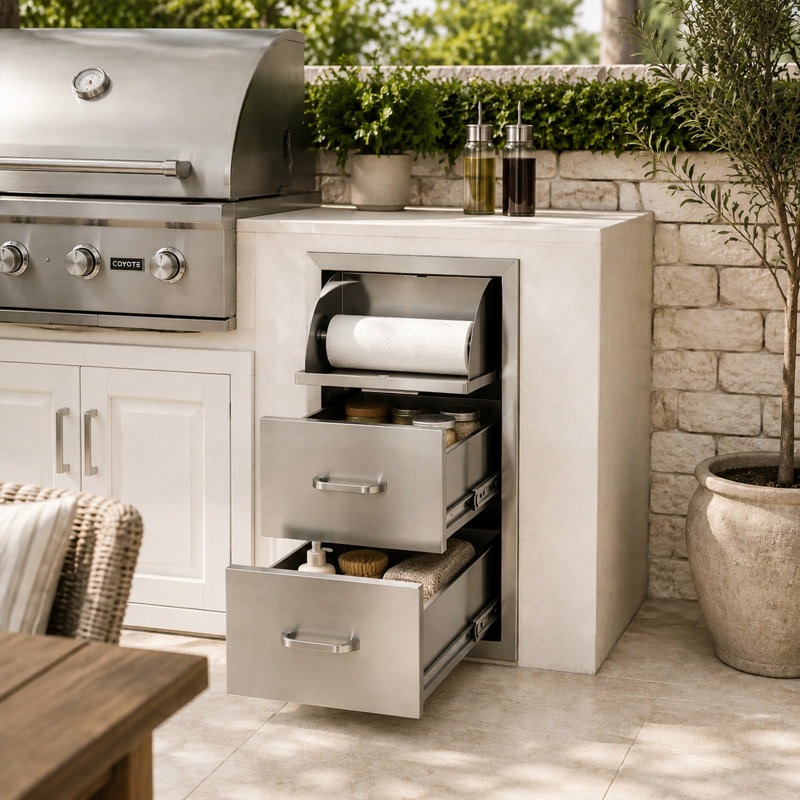 Meuble de cuisine en acier inoxydable de 43 cm (17 po) avec 3 tiroirs et porte-essuie-tout