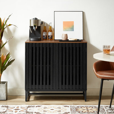Modern Black Cabinet With Grille Door, And Metal Build, Spacious Storage For Home, Multipurpose Function Slatted Striped Door Leg, Design Ample Space