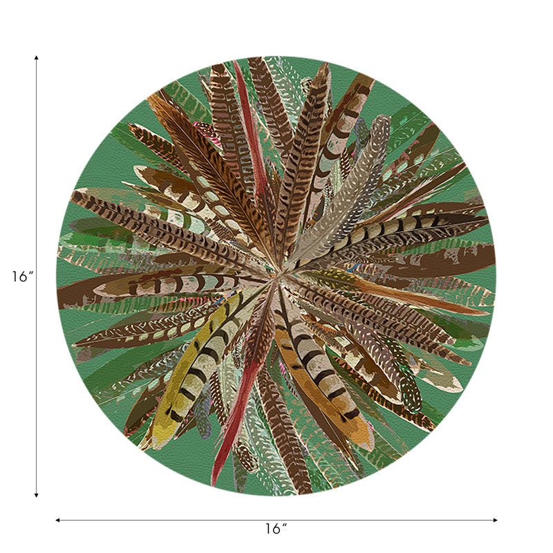 Pheasant Feathers Vegan Leather Round Pebble Placemat, Green