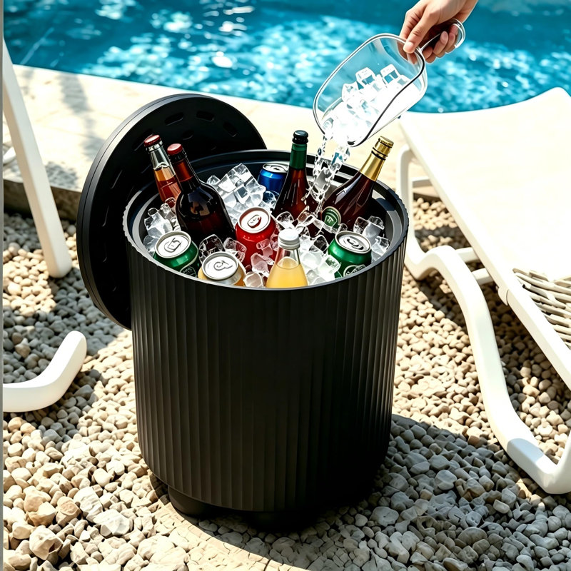 Cooler Side Table, 2 in 1 Cooler Patio Bar Table with Storage, Portable Ice Bucket for Outdoor Parties, Beach & Picnics, Black 