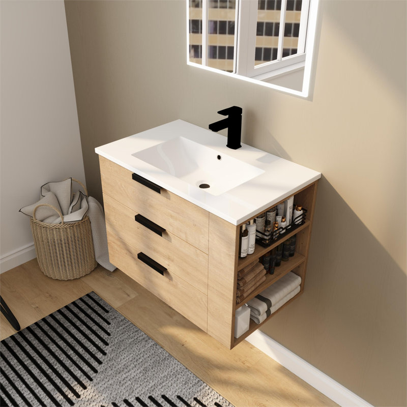 Ensemble de meuble-lavabo flottant simple 30 po avec 3 tiroirs et plateau en résine Abdurrhman