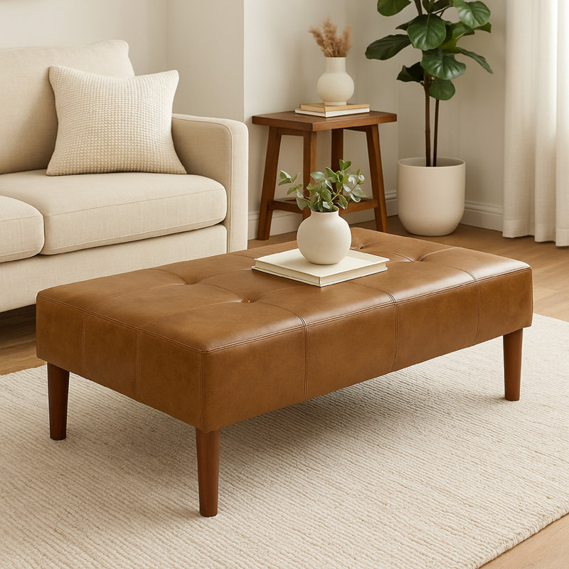 Coffee Table Ottoman, Brown Wood And Tufted Faux Leather, 46 Inch