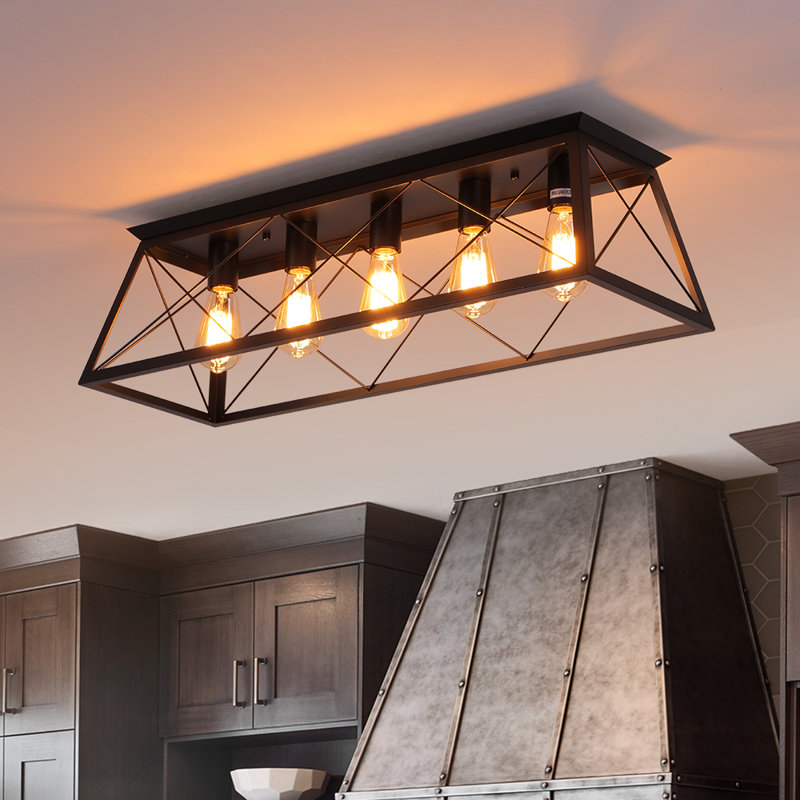 5 - Light Farmhouse Open Cage Rectangular Flush Ceiling Light, Black