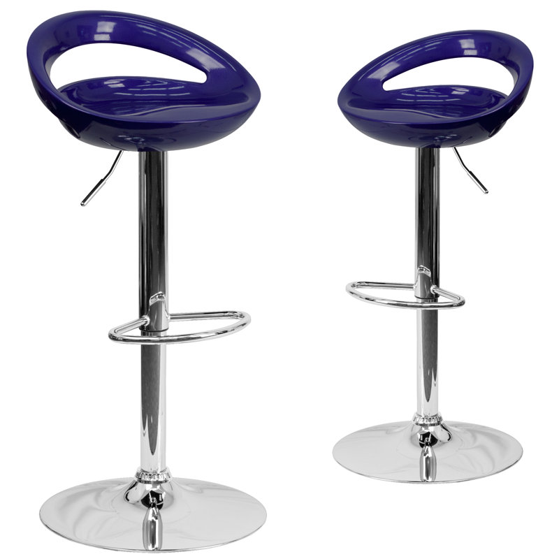 Contemporary Plastic Adjustable Height Barstool with Rounded Cutout Back and Chrome Base, Blue