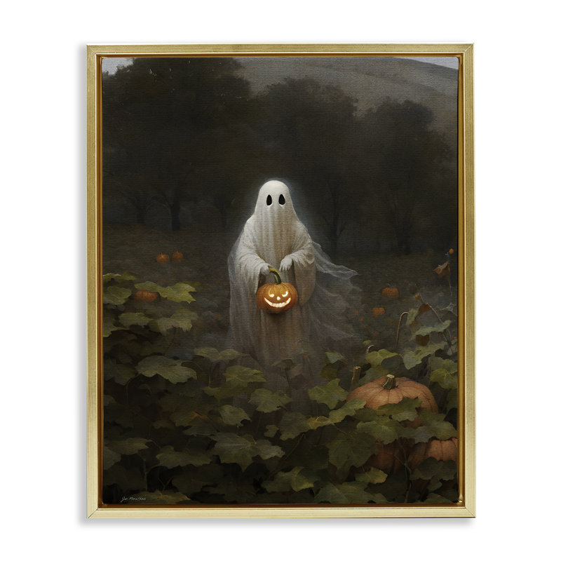 «Ghost in Pumpkin Patch», art mural encadré flottant par Jo Moulton, H 31 po x l 25 po, Cadre flottant métallique doré