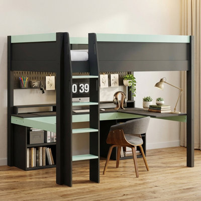 Lit mezzanine pour enfant (taille standard) avec bureau et rangements intégrés, panneau perforé avec éclairage DEL multicolore, style contemporain, chambre d'ado