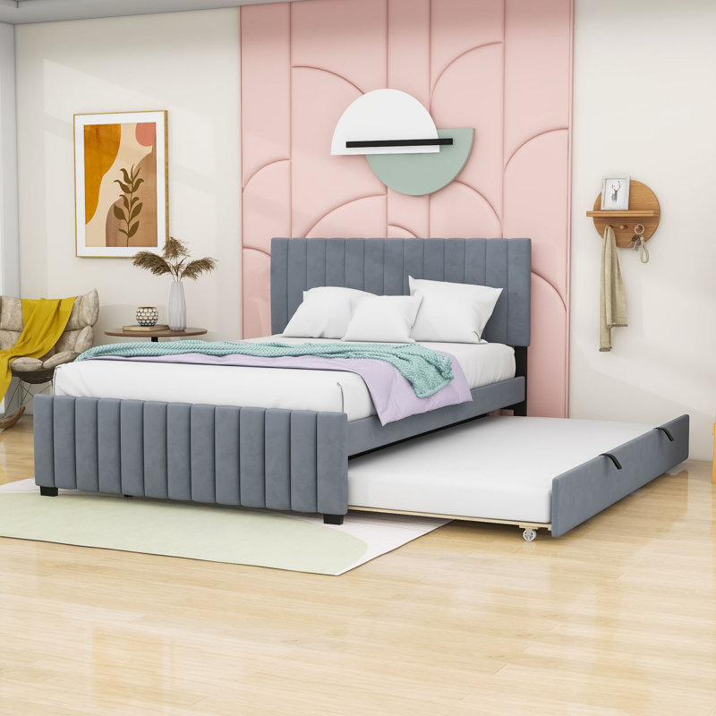 Lit plateforme tapissier en velours avec gigogne Elegant, Gray