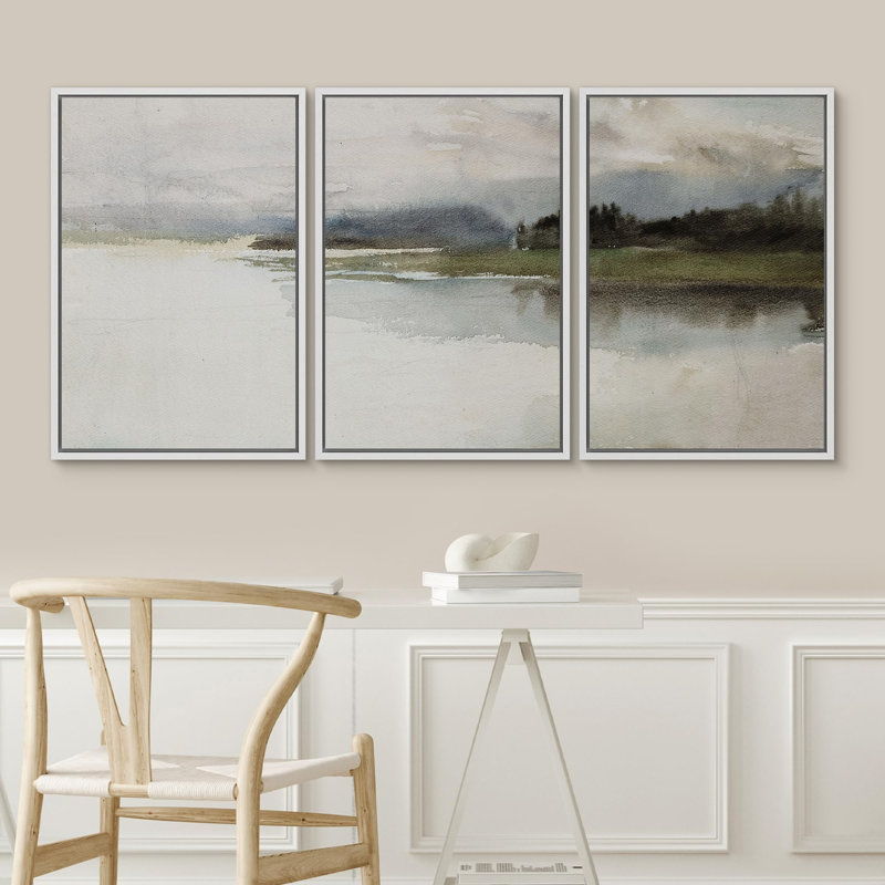 Mountains And Rivers " Tranquil Waterscape Serene Lake Calming Watercolor Scenery Illustration Rustic Artwork Ultra " 3 - Pieces