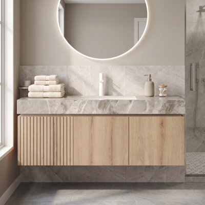 48" Pre-Assembled Wall Mount Bathroom Vanity Cabinet, Plywood Frame with 2 Doors, Undermount Ceramic Sink Countertop with Pre-Drilled Faucet Hole