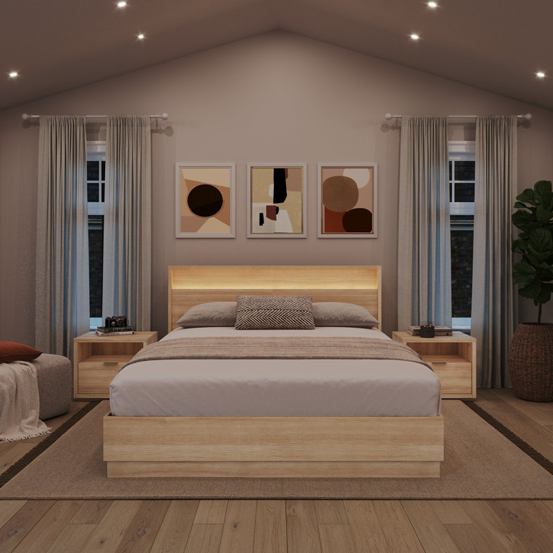 Ensemble de chambre avec grand lit 4 pièces et tête de lit avec éclairage intégré Decoteau, Beige