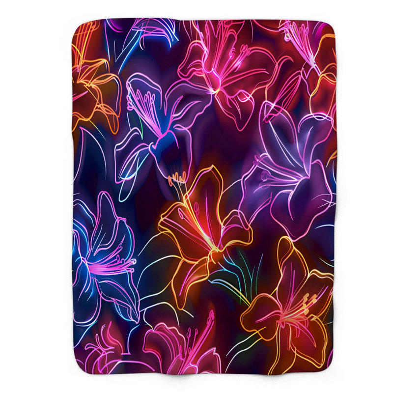 Radiant Neon Flower Show - Couverture Sherpa de qualité supérieure 1 pièce, Grand lit