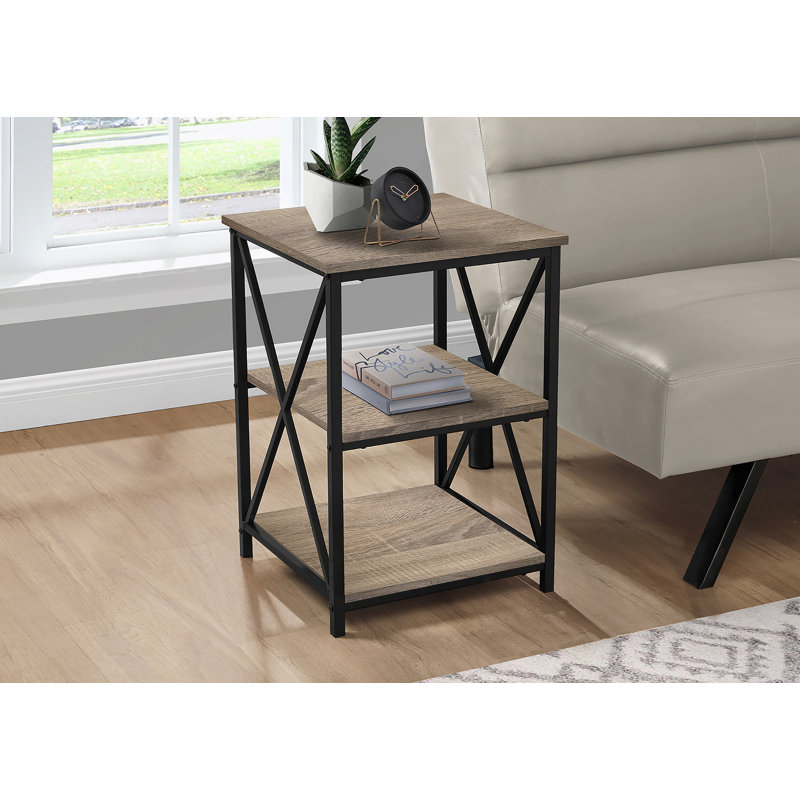 Table d'appoint, côté, bout, table de chevet, lampe, stratifié brun, métal noir, contemporain, moderne, Brun