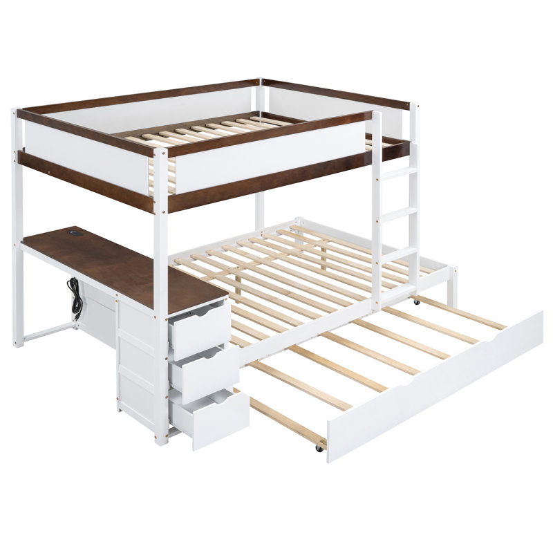 Lit superposé avec rangement, prises de courant, bureau blanc + bureau en noyer, lit gigogne simple et prises électriques -