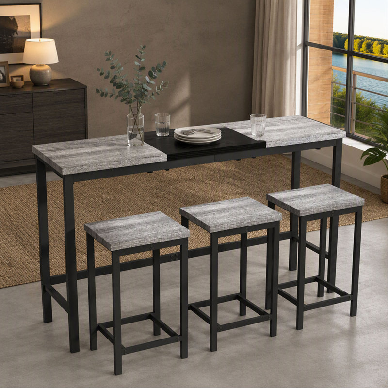 Table de salle à manger de cuisine moderne, table de pub, ensemble de table de salle à manger longue avec 3 tabourets, conception de tabouret suspendu pratique