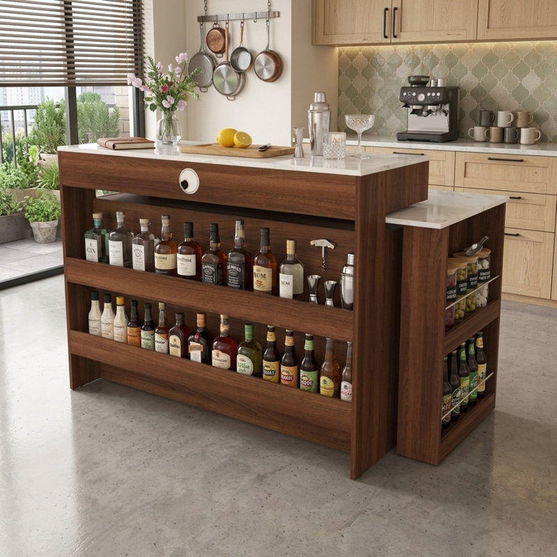 Îlot de cuisine rétro en placage de noyer avec plateau rotatif extensible, 4 tiroirs, armoires à porte vitrée et douille intégrée pour 2 à 4 personnes