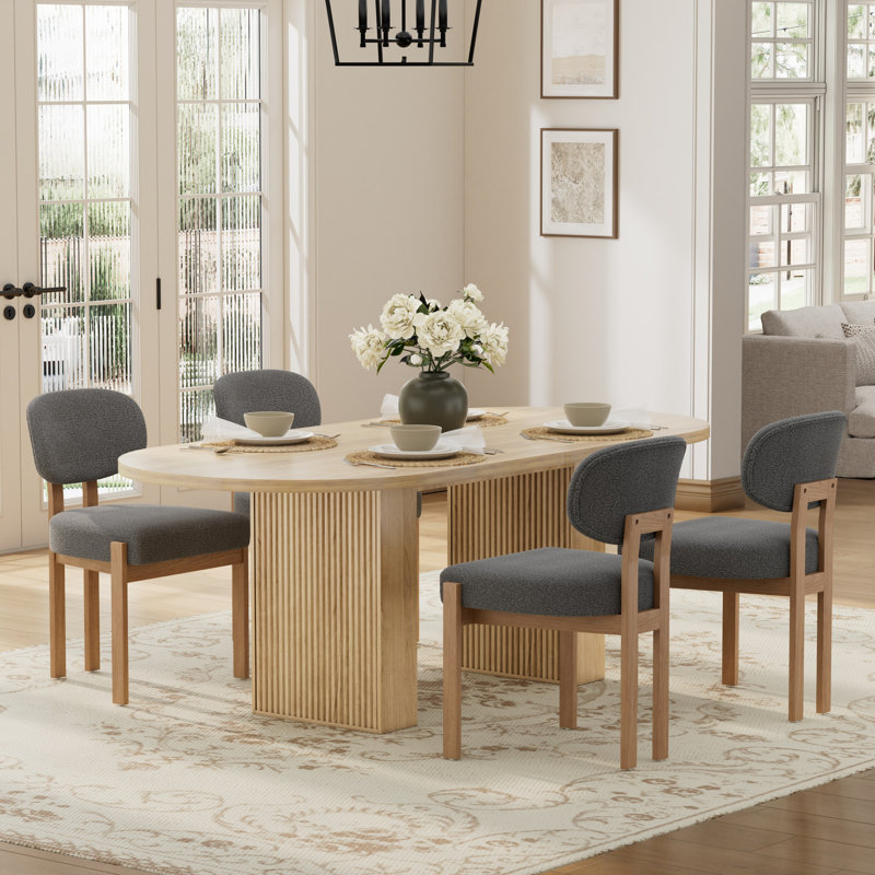 Oval Double Pedestal Kitchen Table Sets, 5 Pieces: Table, 4 Chairs, Gray, Natural
